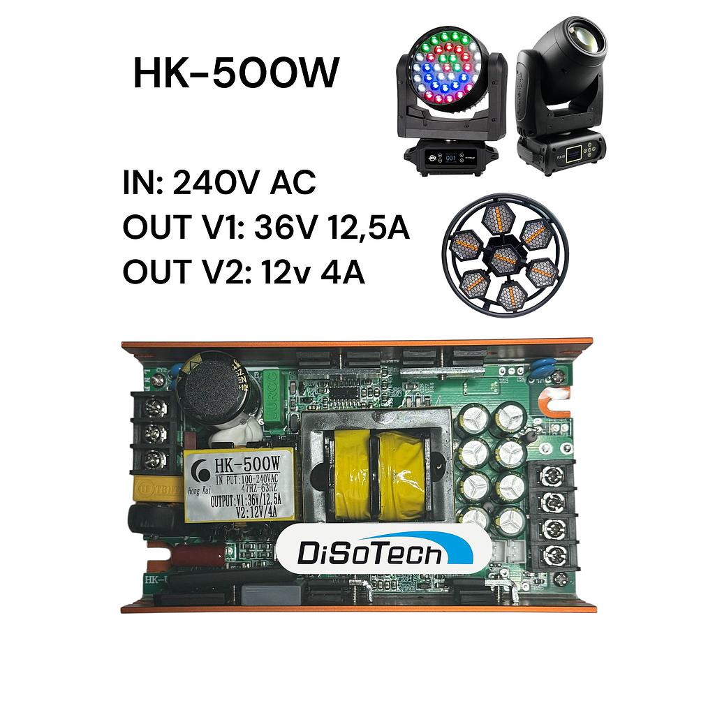 Alimentatore HK-500 240V V1=36V 12,5A V2=12V 4A per Testa mobile o effetti luce