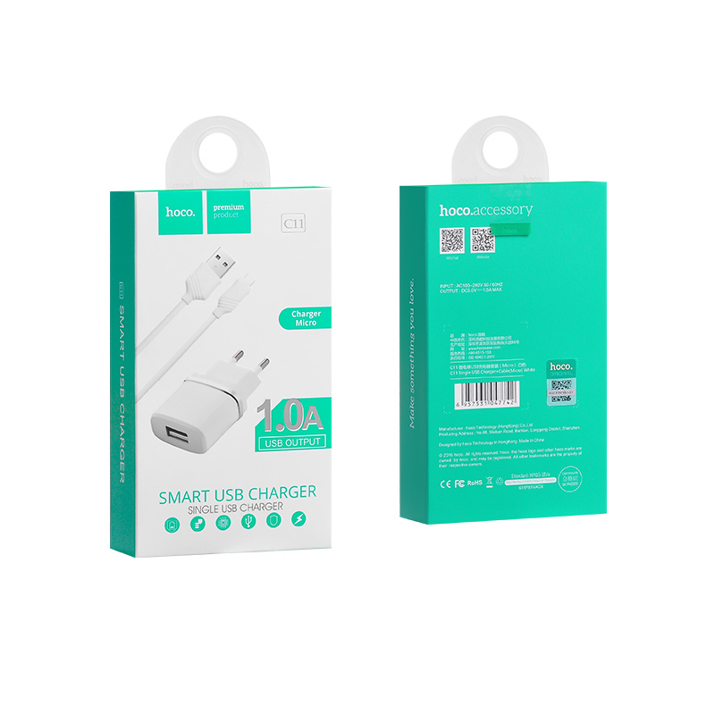HOCO C11.M Smart Caricatore 1 Porta USB 1A con cavo Micro USB - Bianco