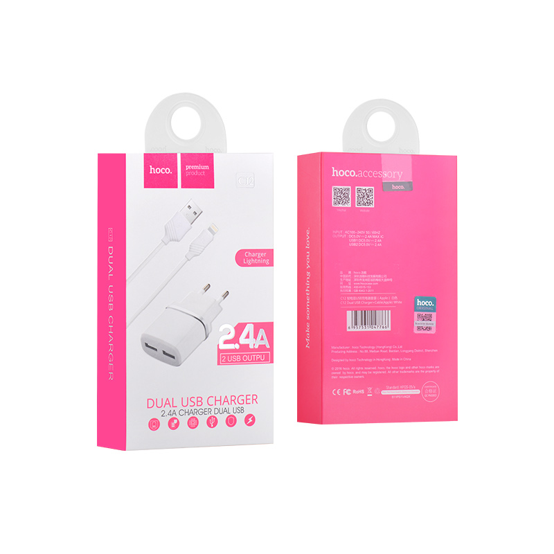 [C12.L] HOCO C12.L Smart Caricatore con 2 porte 2,4A e cavo Lightning - Bianco