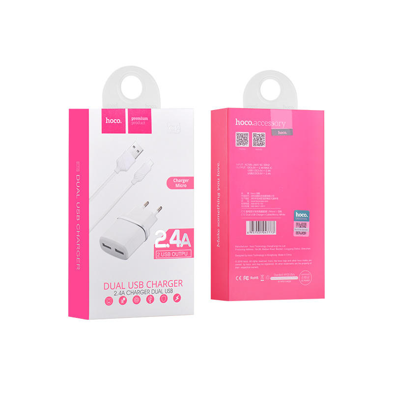[C12.M] HOCO C12.M Smart Caricatore con 2 porte 2,4A e cavo Lightning - Bianco