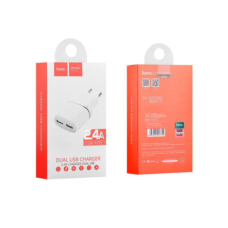 [C12.U] HOCO C12 Smart Caricatore con 2 porte 2,4A -Bianco