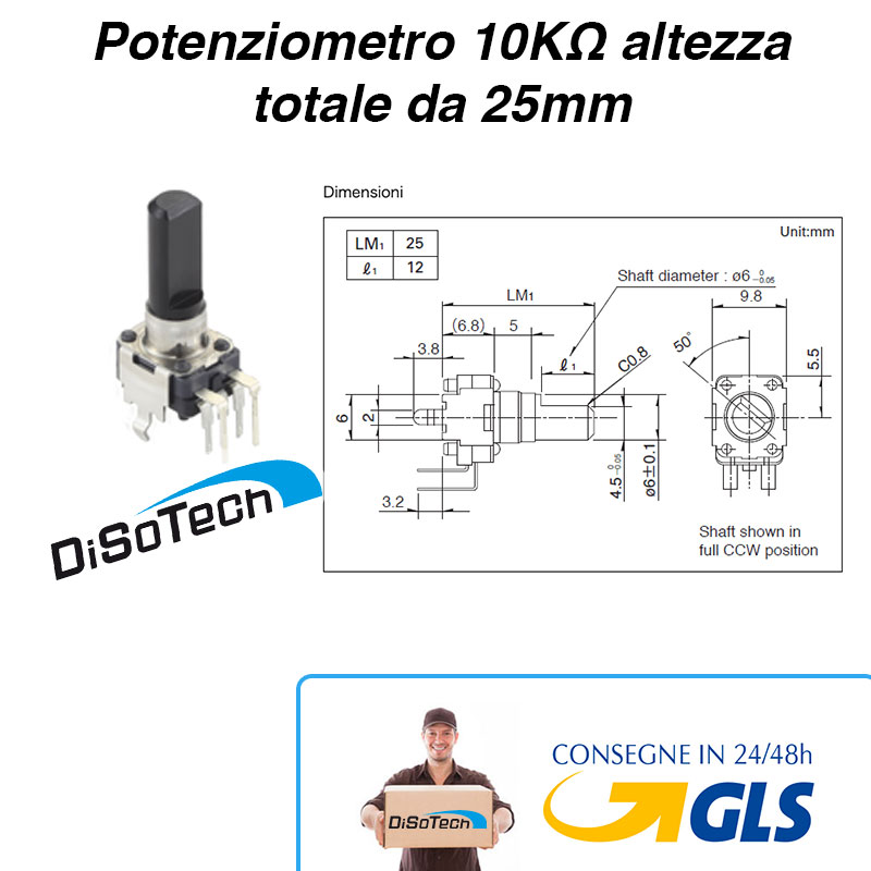 [RK09K12C0A8P] Potenziometro 10KΩ altezza totale da 25mm Lineare ALPS RK09K12C0A8P