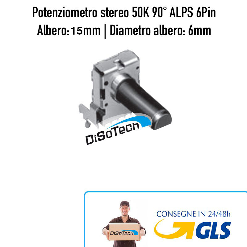 Potenziometro 6 Pin PCB 90° ALPS 50kOhm stereo albero 15mm