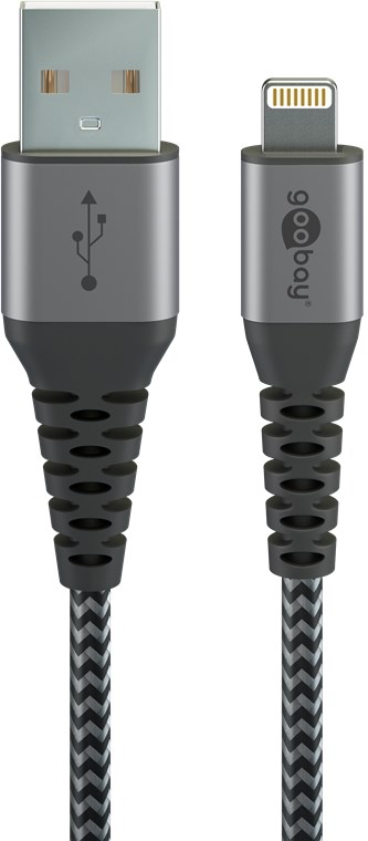 [49272] Lightning a USB-A cavo tessile con tappi metallici (grigio siderale/argento) 2 m - Goobay