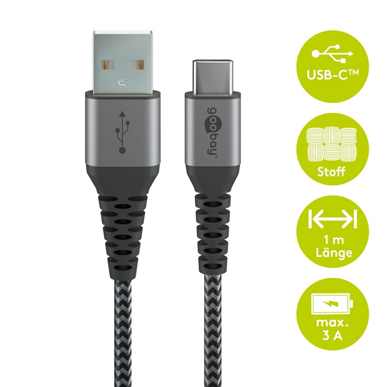 USB-C™ a USB-A cavo tessile con tappi metallici (grigio siderale/argento) 1 m - Goobay