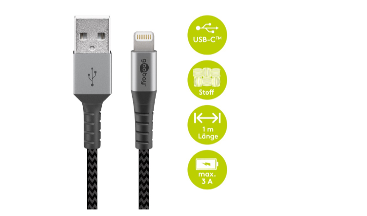 [49268] Cavo Goobay Usb-A a Lightning MFI con Tappi Metallici Grigio Siderale / Argento - 1m